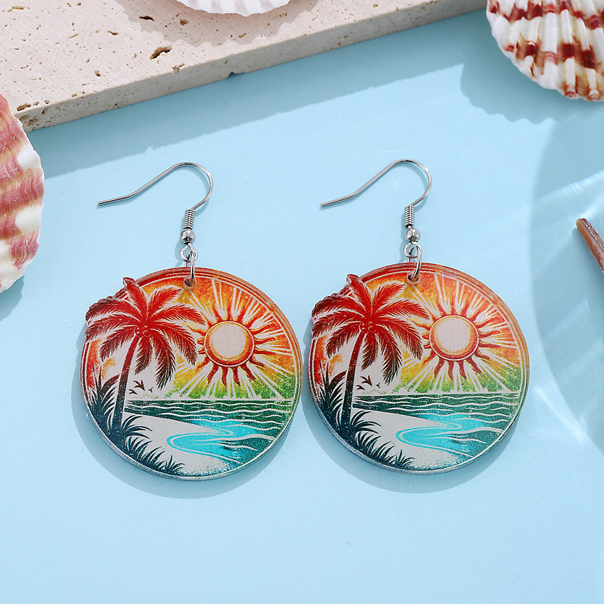 Wholesale New Holiday Style Colorful Tropical Palm Tree Coconut Tree Sun Acrylic Pendant Earrings Beach Earrings